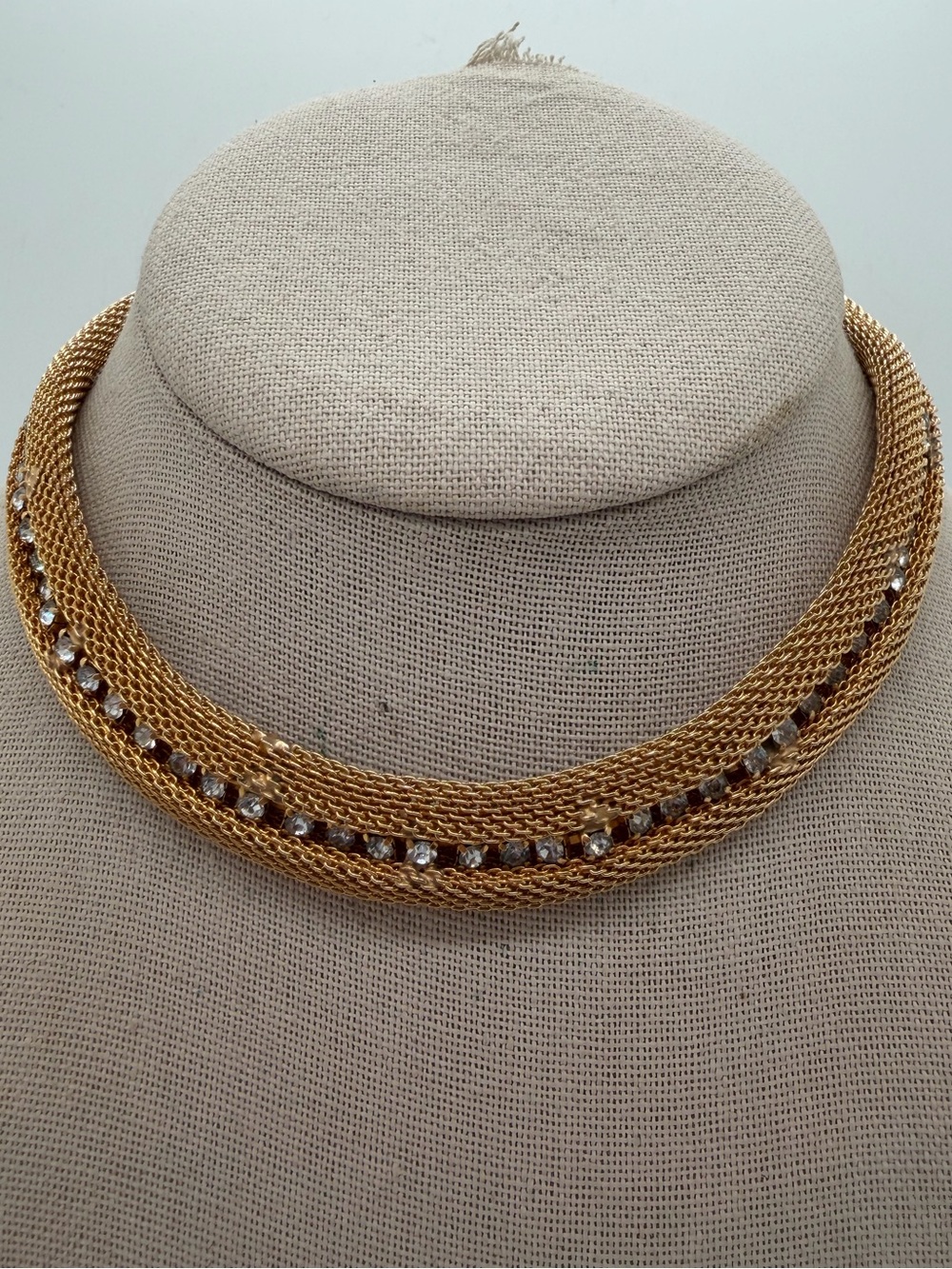 Vintage gold tone rhinestone metal mesh choker